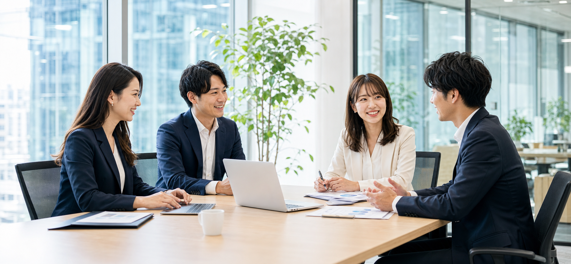 会議室で打ち合わせをするメンバー